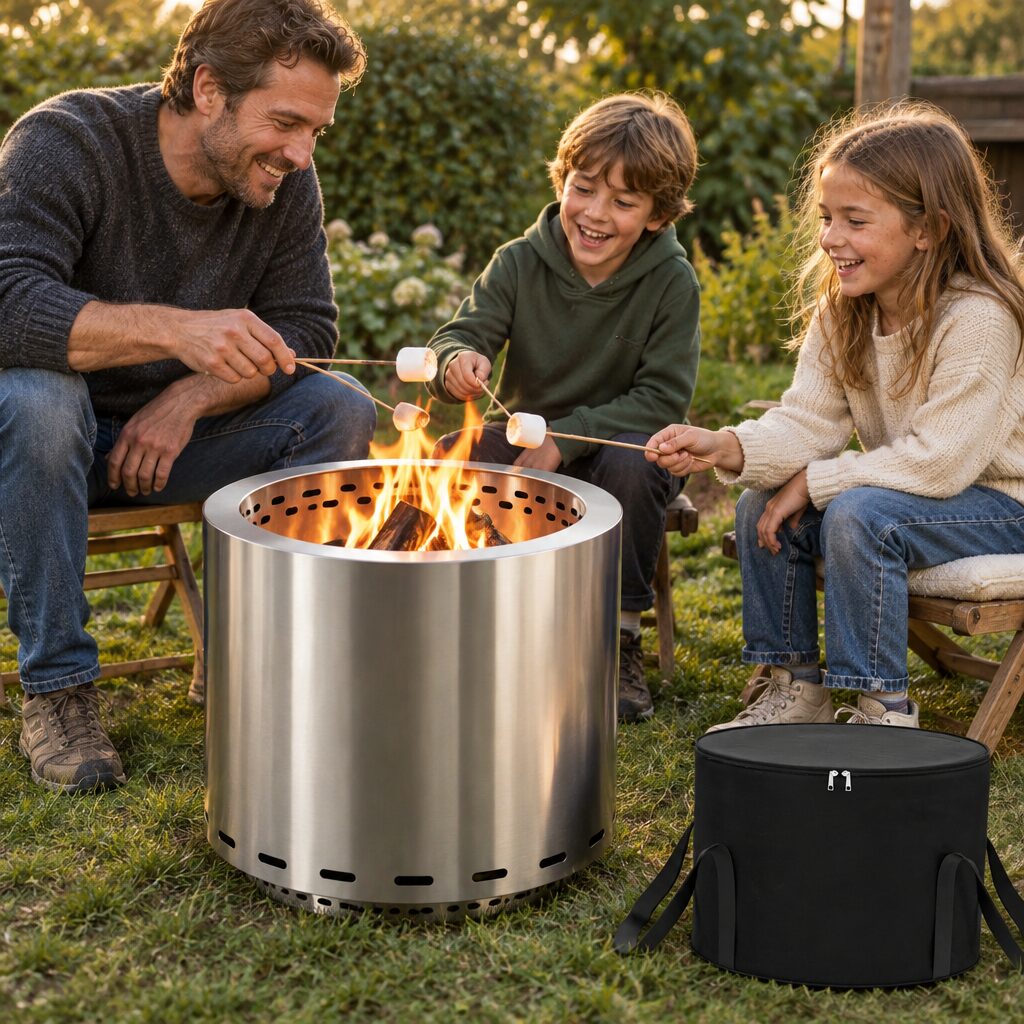 Brasero inox à faible fumée en utilisation