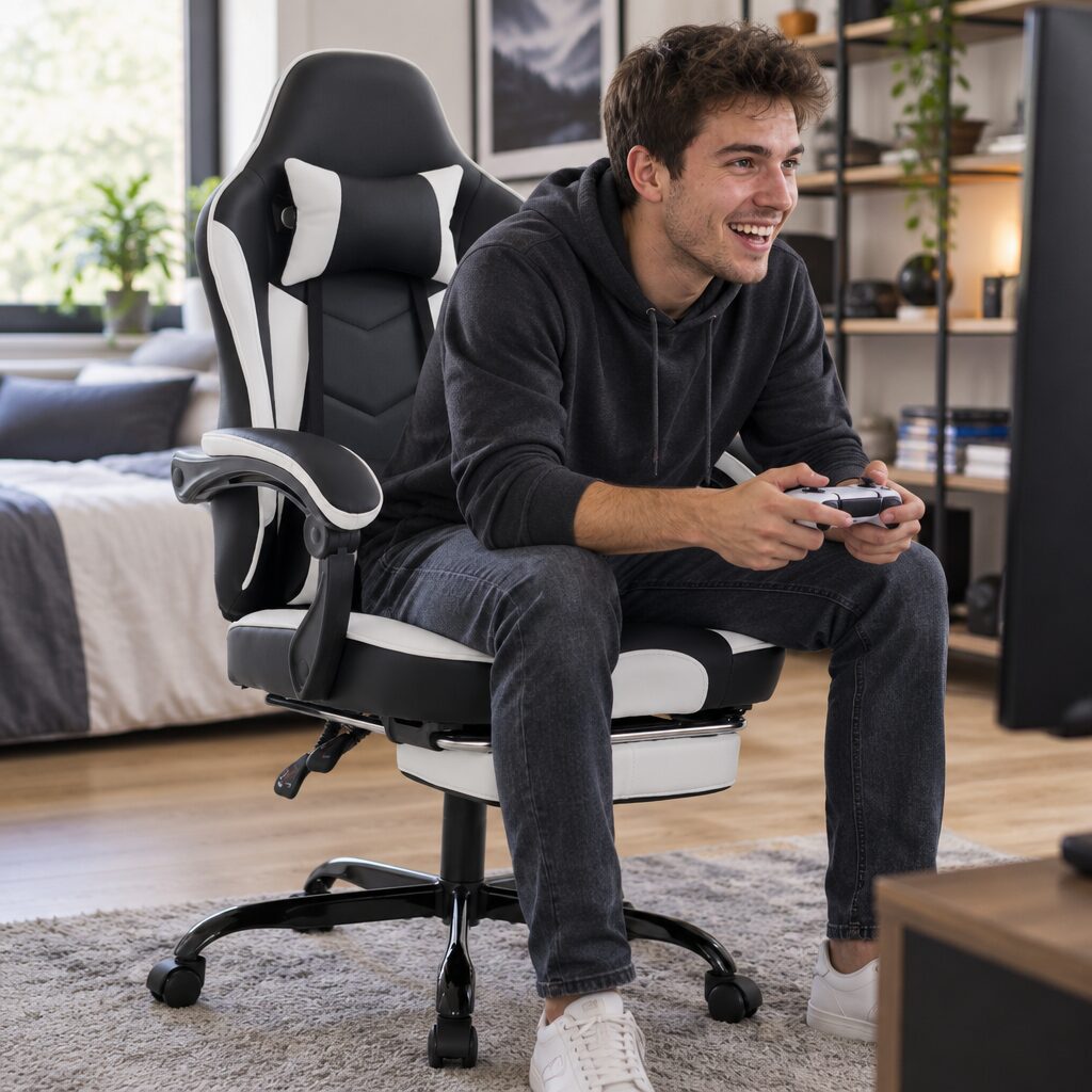 Chaise gaming avec repose-pieds en utilisation