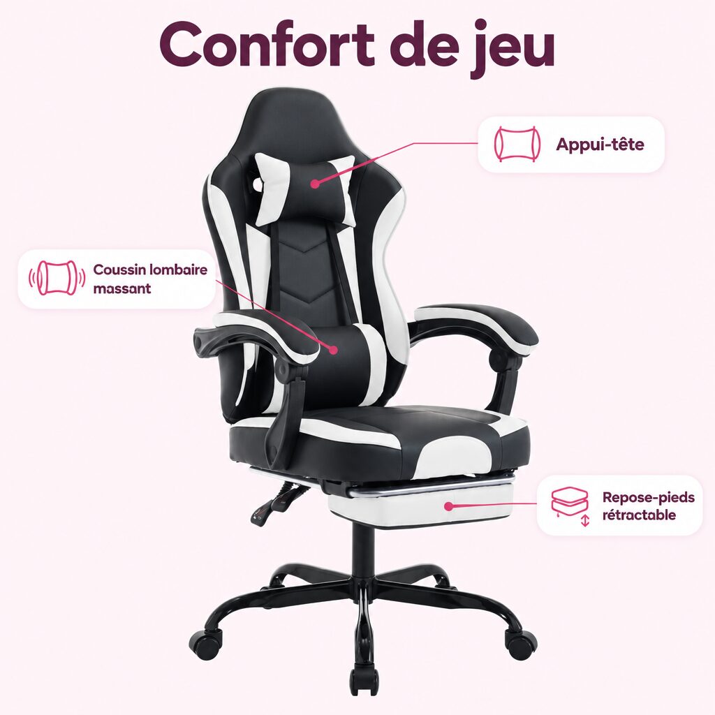 Chaise gaming avec repose-pieds : caractéristiques