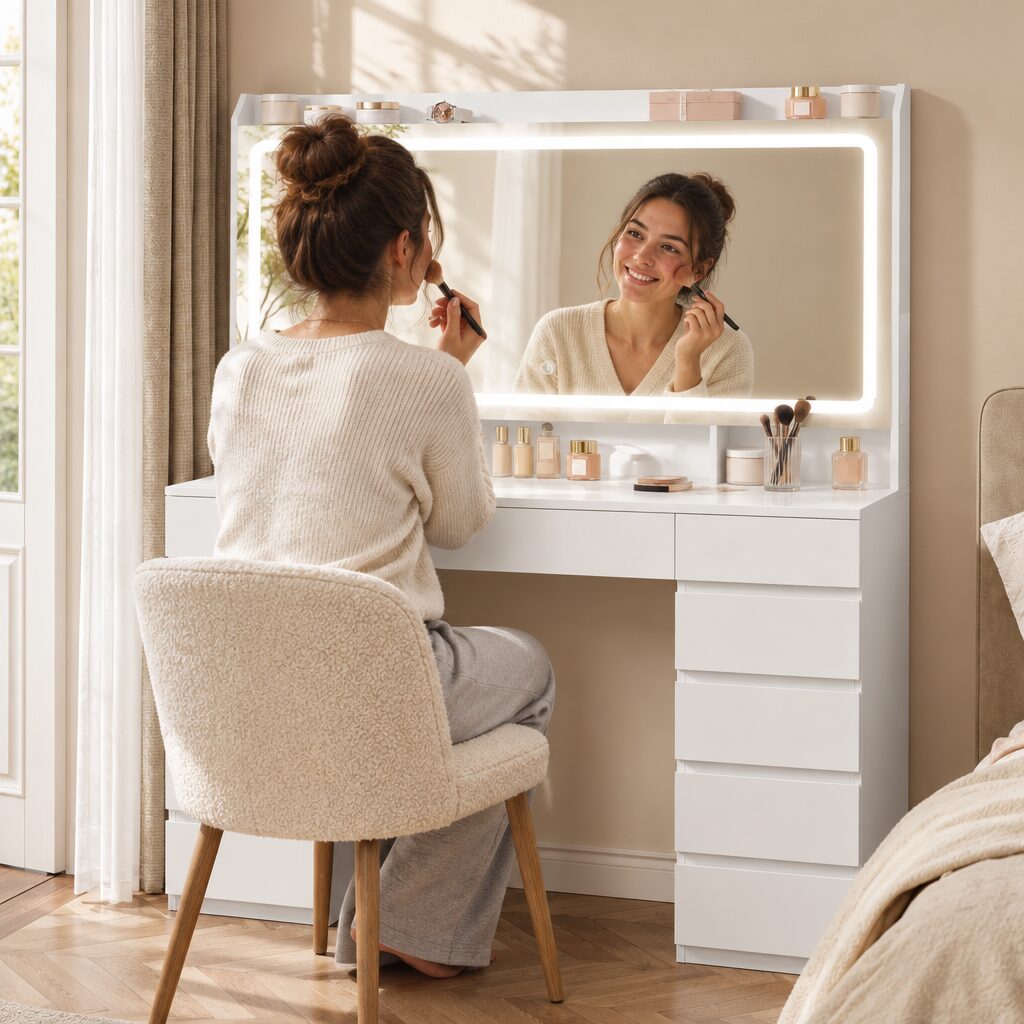 Coiffeuse à miroir lumineux en utilisation