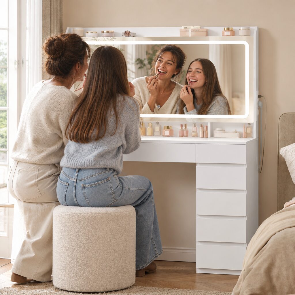 Coiffeuse à miroir lumineux en utilisation