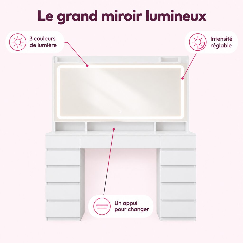 Coiffeuse à miroir lumineux : caractéristiques