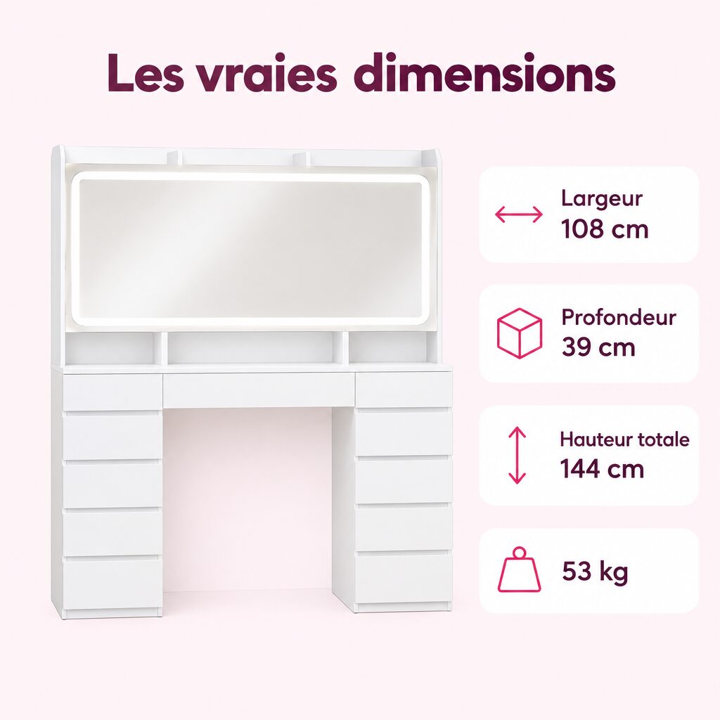 Coiffeuse à miroir lumineux : caractéristiques