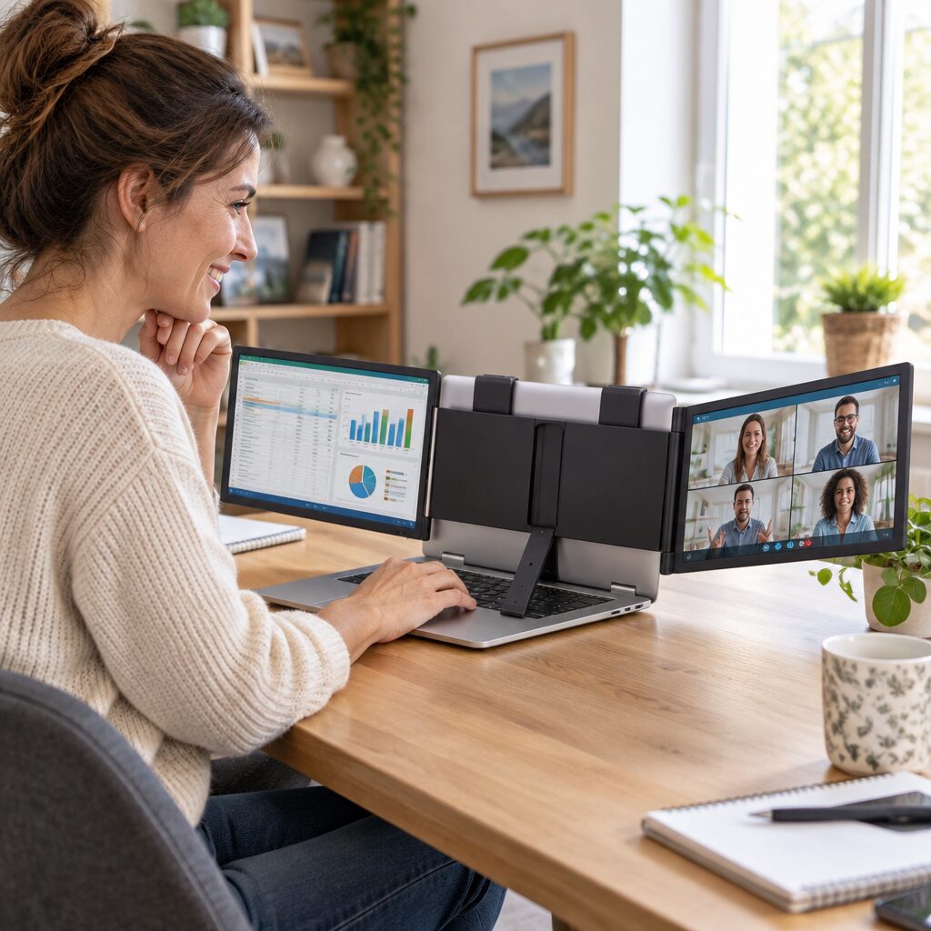Écran triple pour portable en utilisation