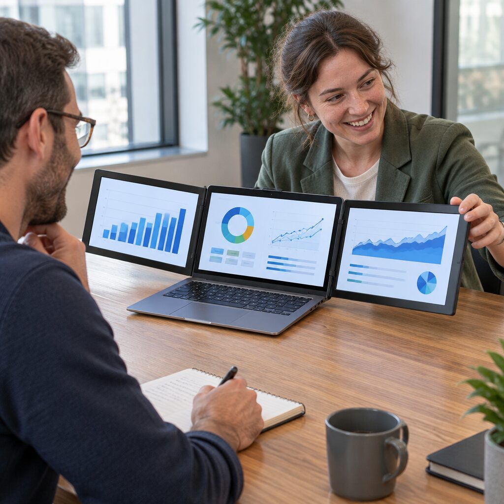 Écran triple pour portable en utilisation