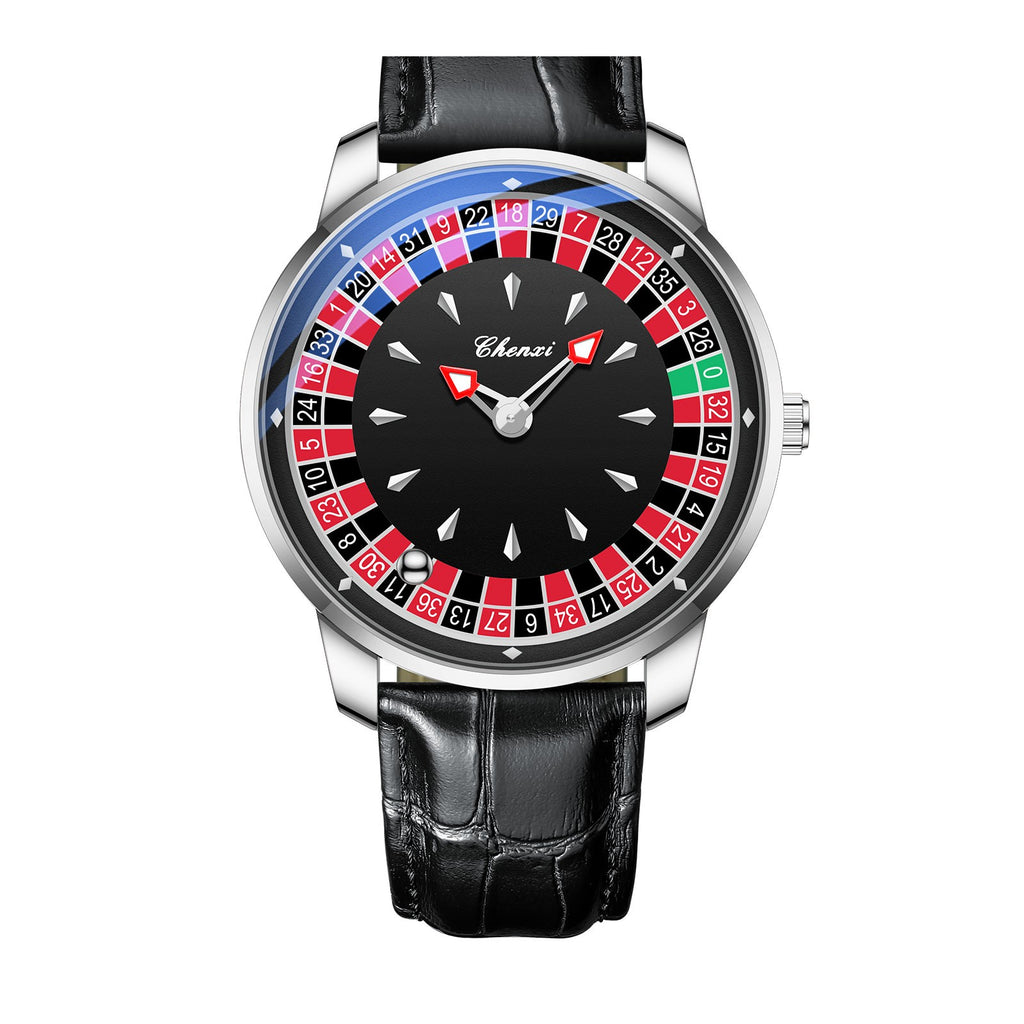 Montre cadran roulette, argent, centre noir, cuir