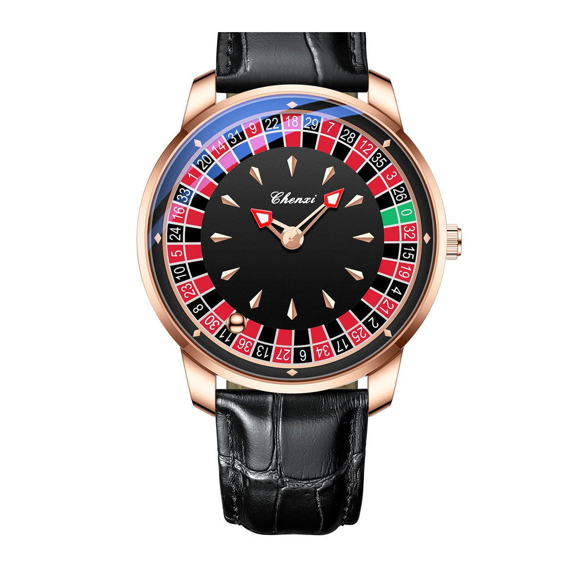 Montre cadran roulette, or rose, centre noir, cuir